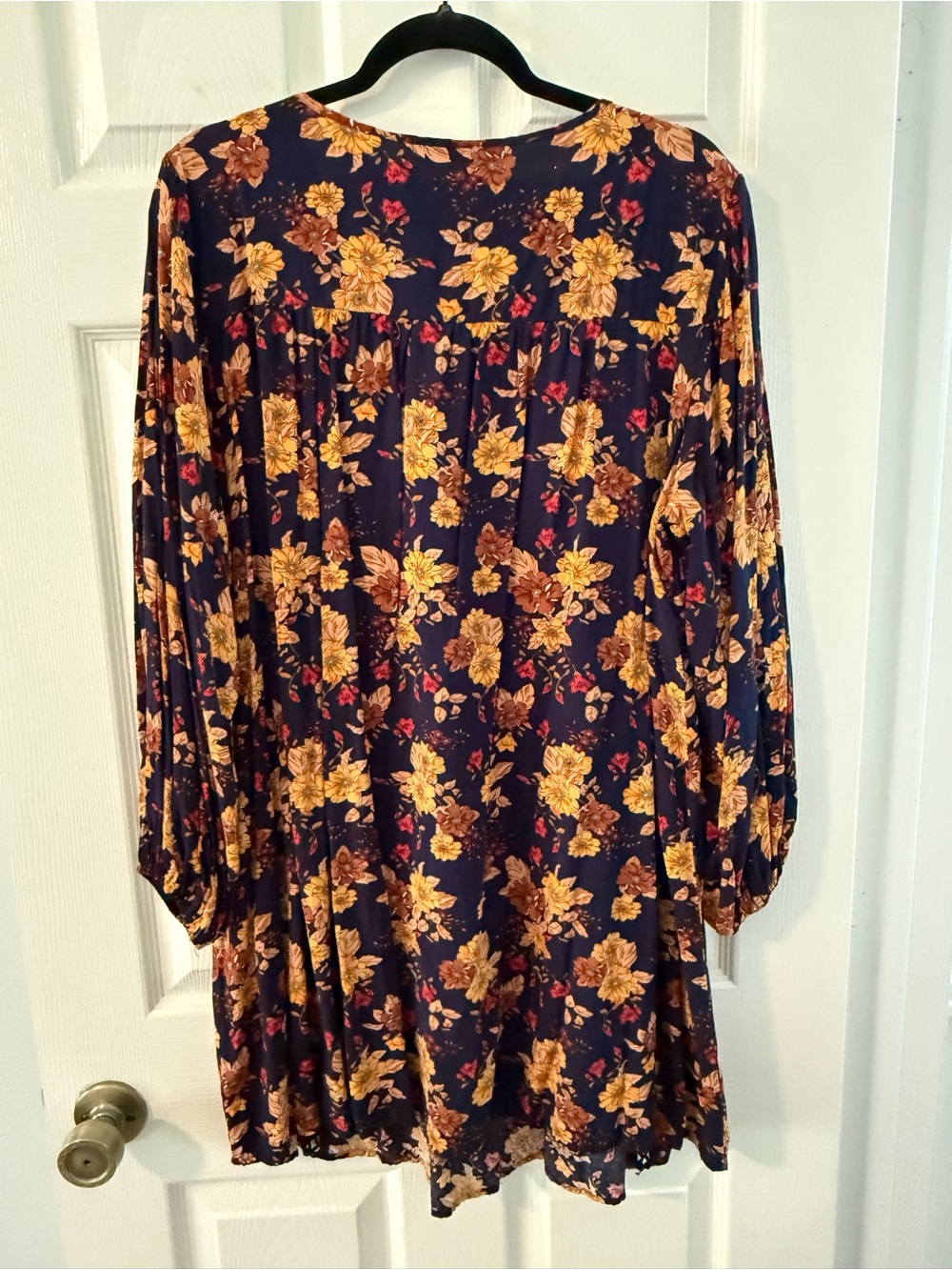 Button-Front Floral Long Sleeve Dress in Navy and Mustard